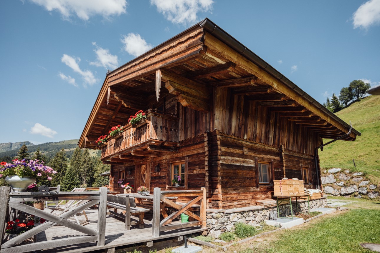 Martenalm mit Holzfassade und Terrasse im Sommer