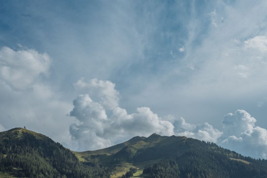 Blick auf die Berge und Wälder rund um die Martenalm